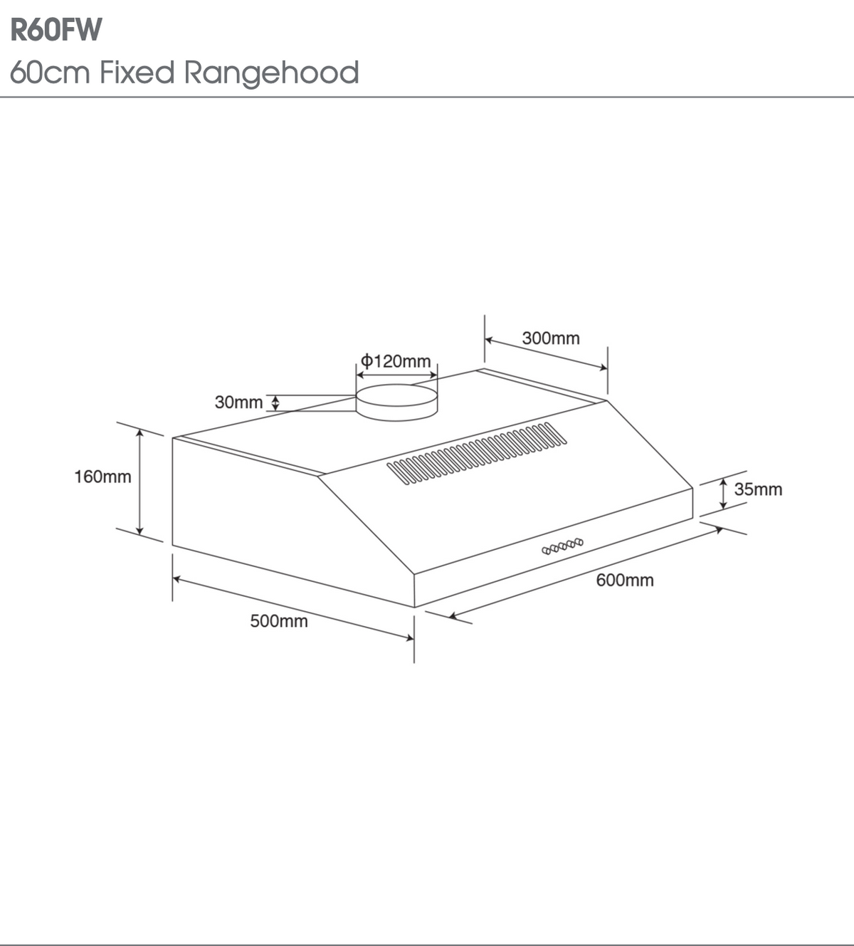 Euromaid 60cm Fixed Rangehood 250m3/h LED Recirculating Stainless Steel WH