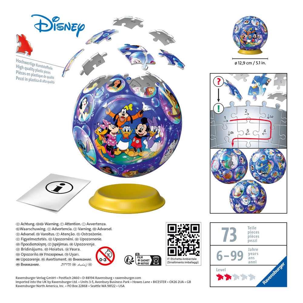 72pc Ravensburger 3D Puzzle Ball Disney Characters Jigsaw 12.9x15.9cm 6y+