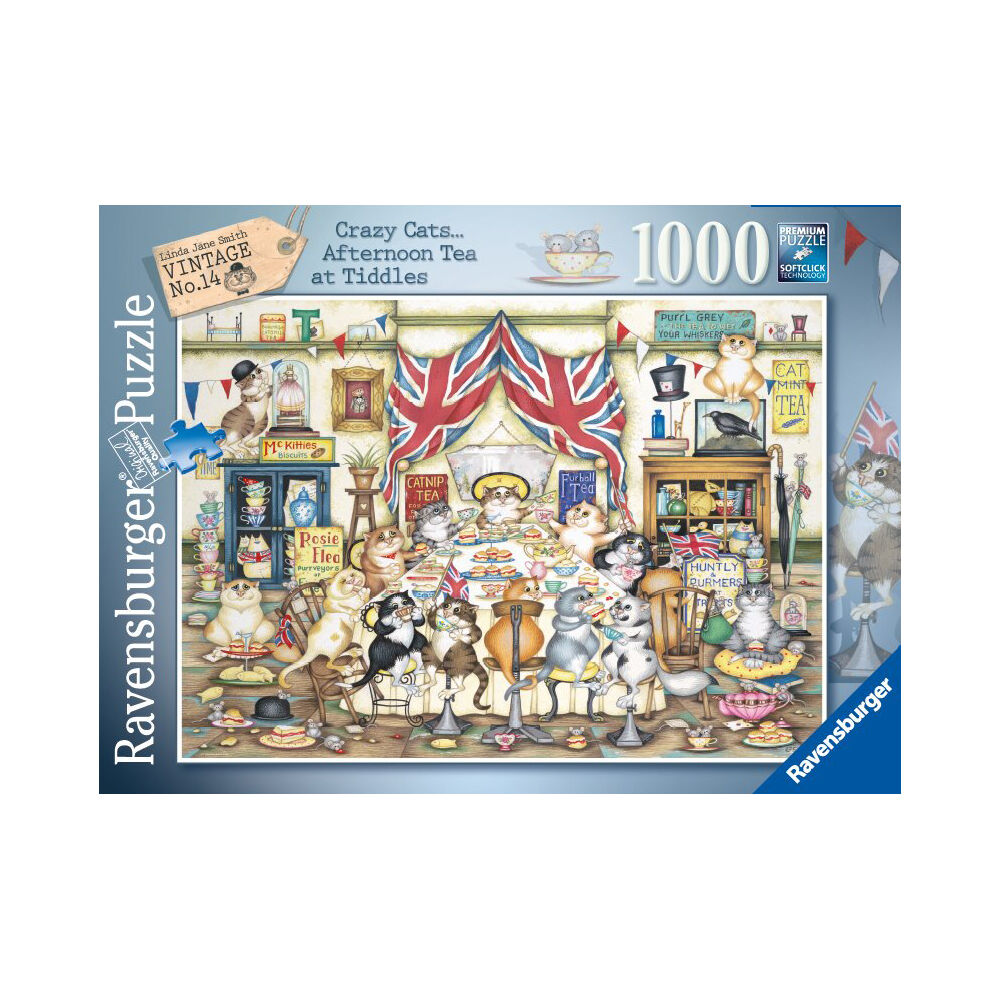 1000pc Ravensburger Crazy Cats Afternoon Tea Tiddles Jigsaw Puzzle 70x50cm