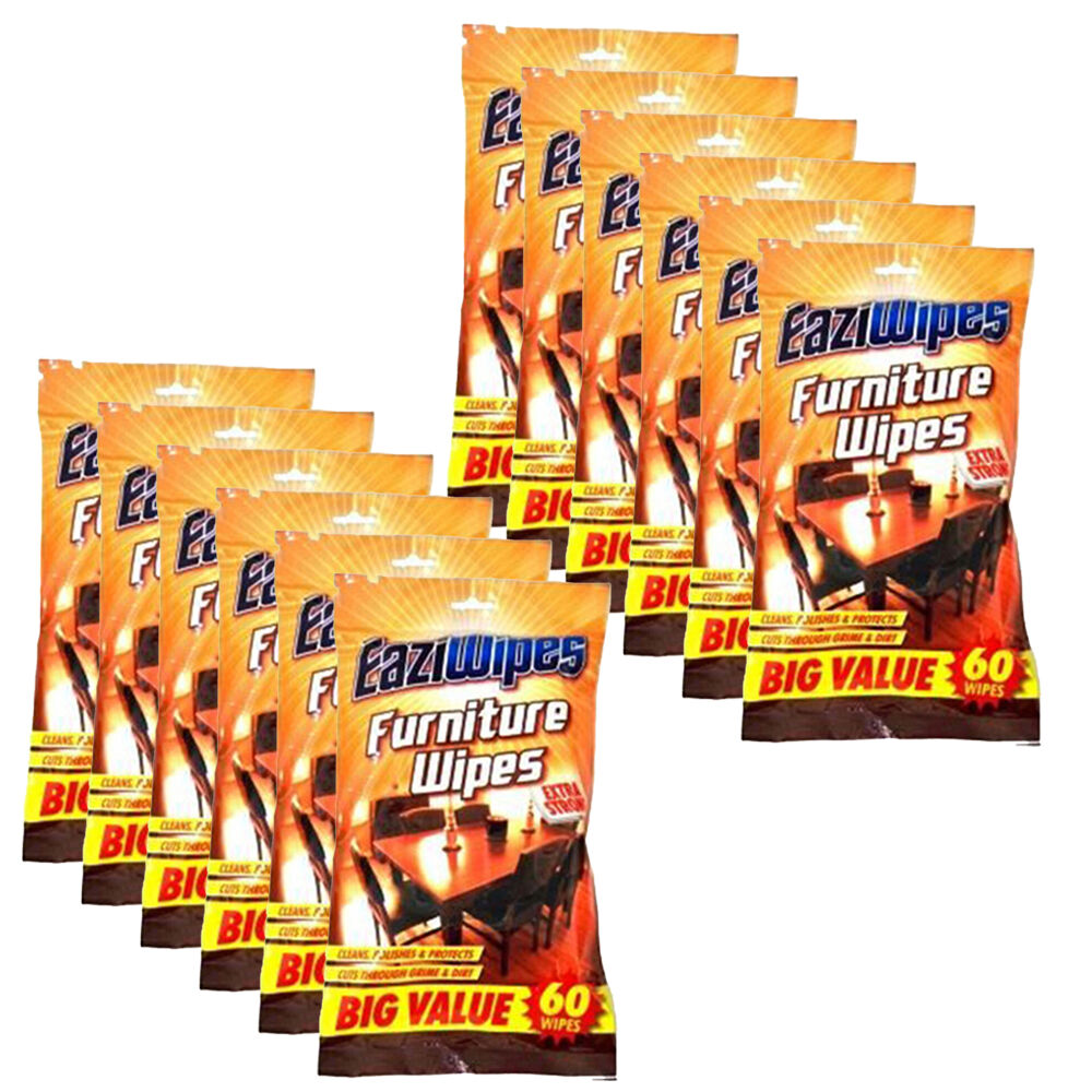 12x 60pc EaziWipes Furniture Cleaning Wood Polish Wipes 16x20cm - White