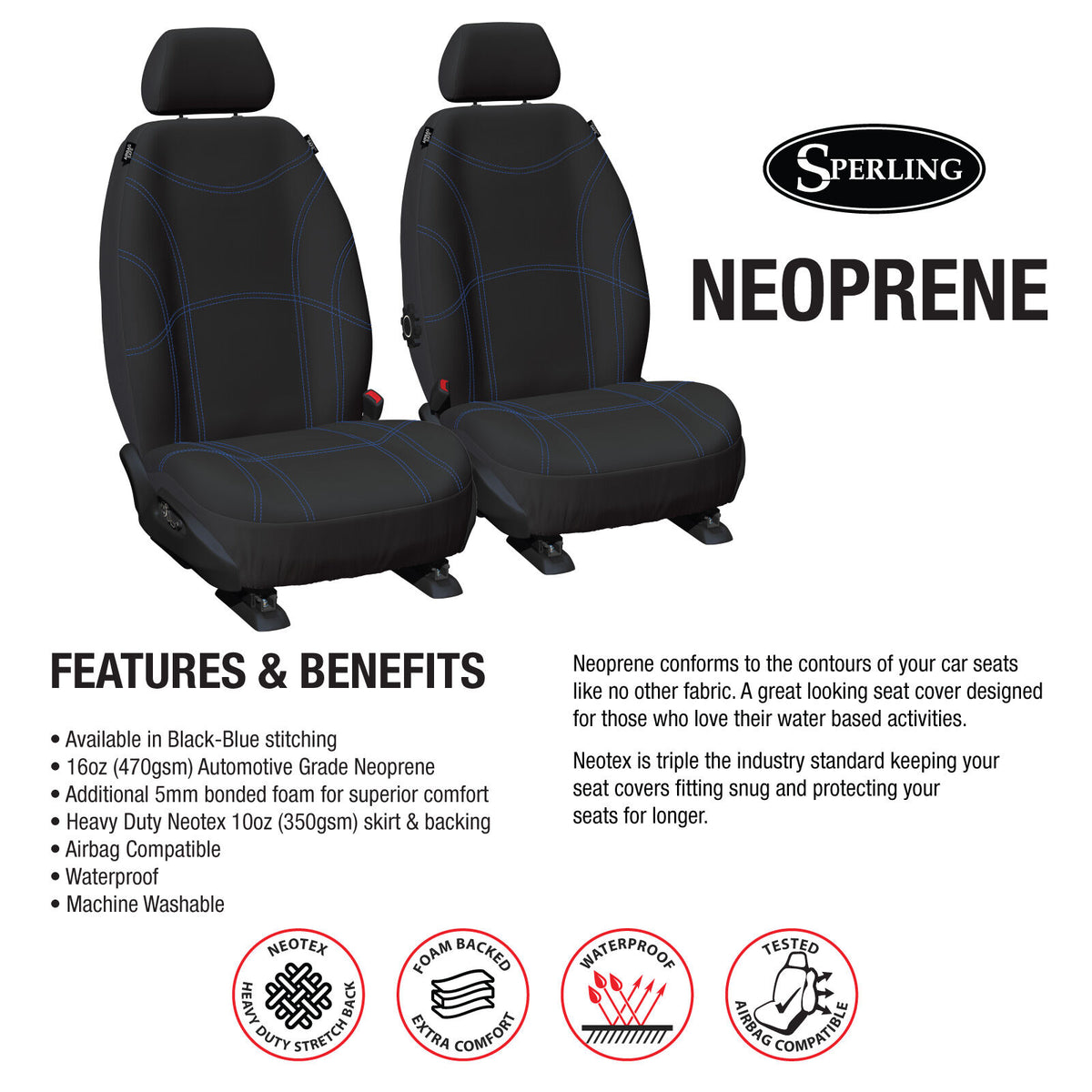 Getaway Neoprene Front Black/BL Seat Covers - BT50 Everest Ranger 2011-2022