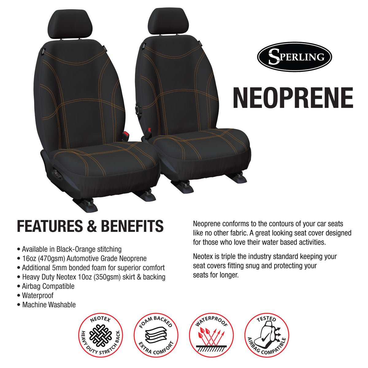 Getaway Neoprene Front Black/OR Seat Covers - BT50 Everest Ranger 2011-2022