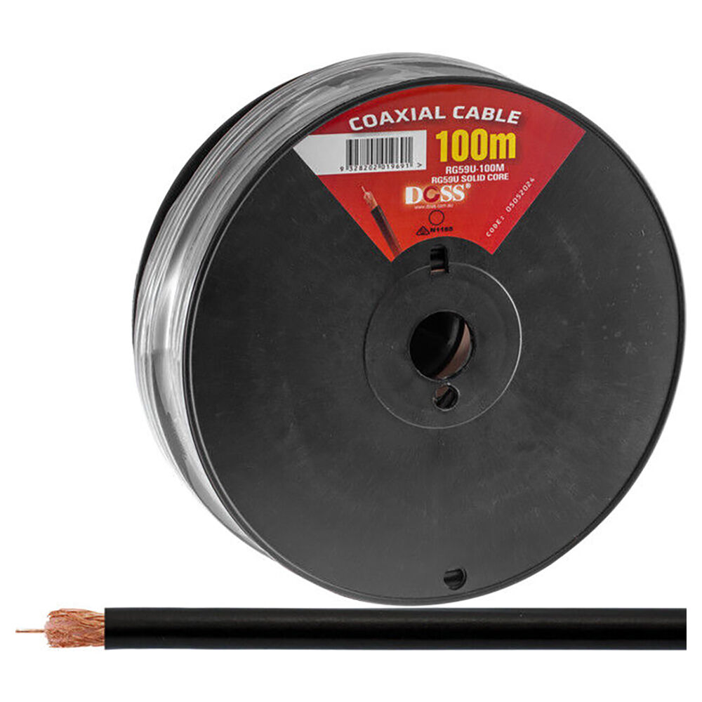 Doss RG59 Coaxial Cable Cord Lead Reel Roll For Security/CCTV Black 100M