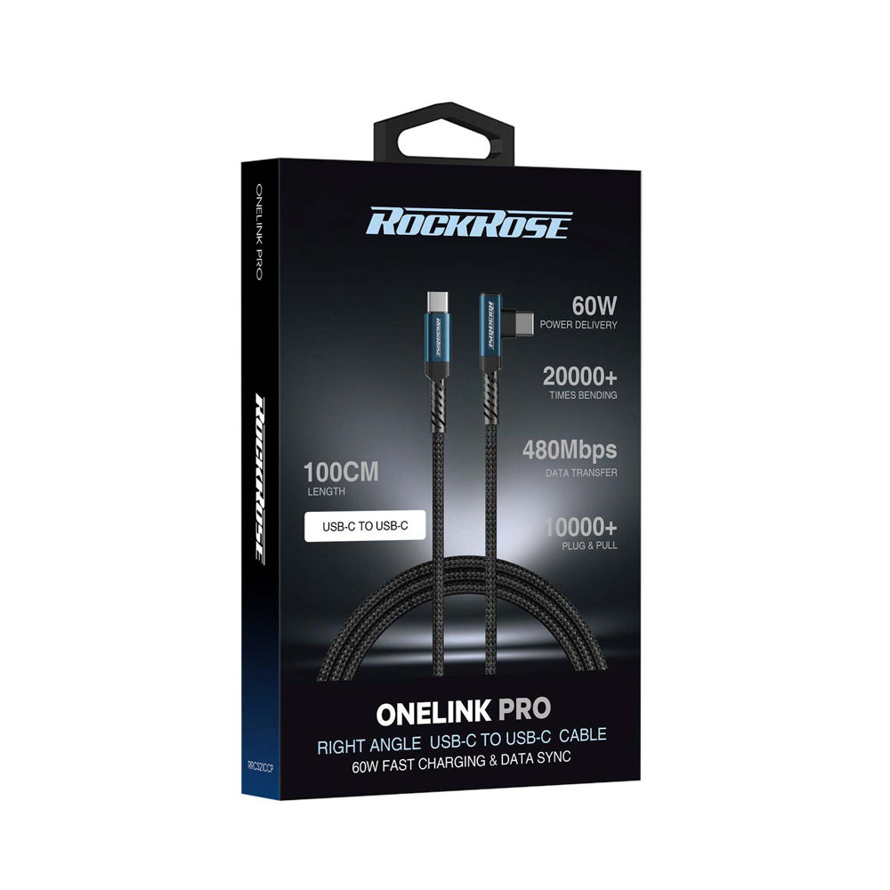 8PK Rockrose OneLink Pro 60W Right Angle USB-C Nylon Braided Cable