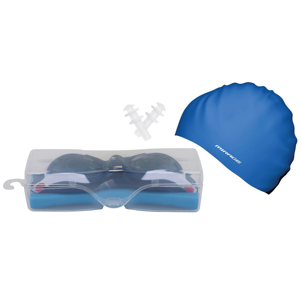 2PK Mirage Unisex Adult Goggles/Swim Cap/Ear Plugs Swimming Pack Blue