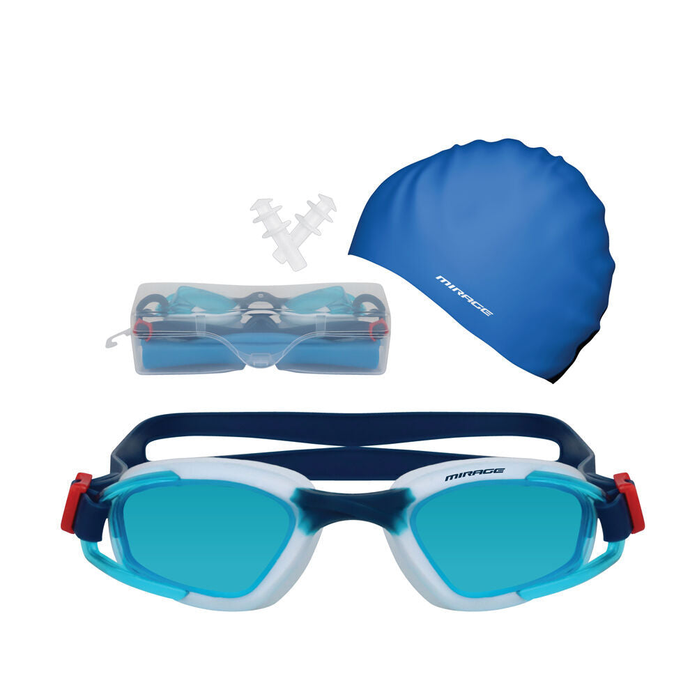 2PK Mirage Unisex Adult Goggles/Swim Cap/Ear Plugs Swimming Pack White