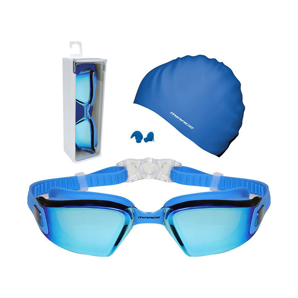 2PK Mirage Lane Master Adult Performance Goggles/Swim Cap/Ear Plugs Pack Blue