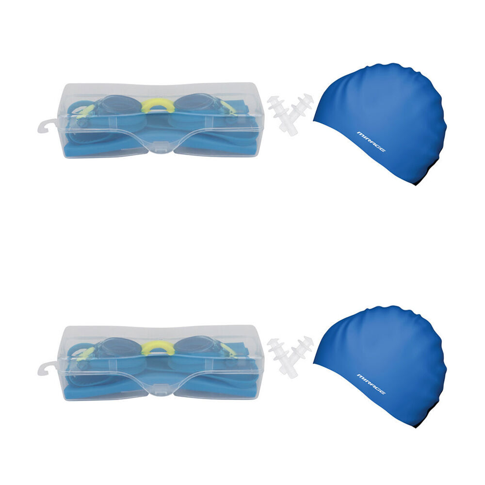 2PK Mirage Junior Kids Goggles/Swim Cap/Ear Plugs Swimming Pack Blue