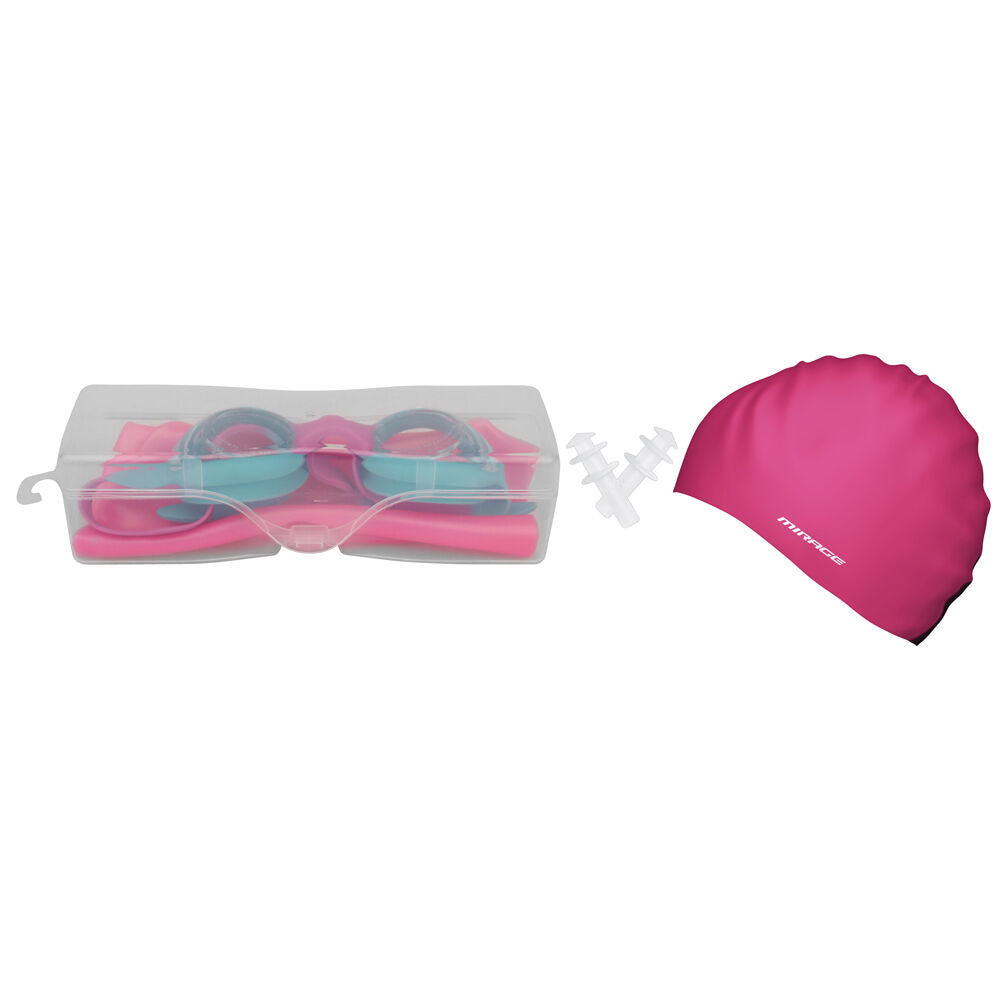 2PK Mirage Junior Kids Goggles/Swim Cap/Ear Plugs Swimming Pack Pink