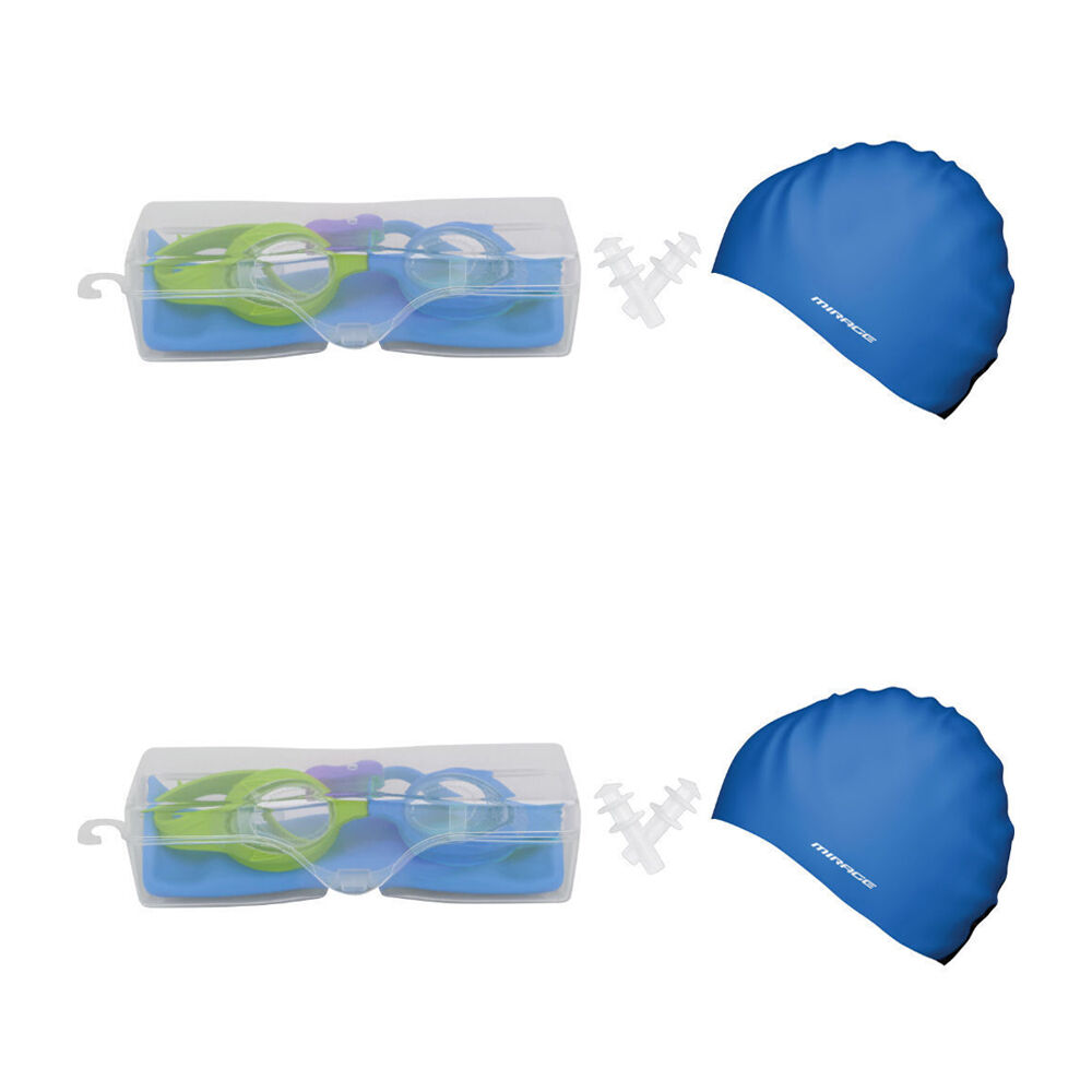 2PK Mirage Kids Goggles/Swim Cap/Ear Plugs Swimming Pack Green/Blue