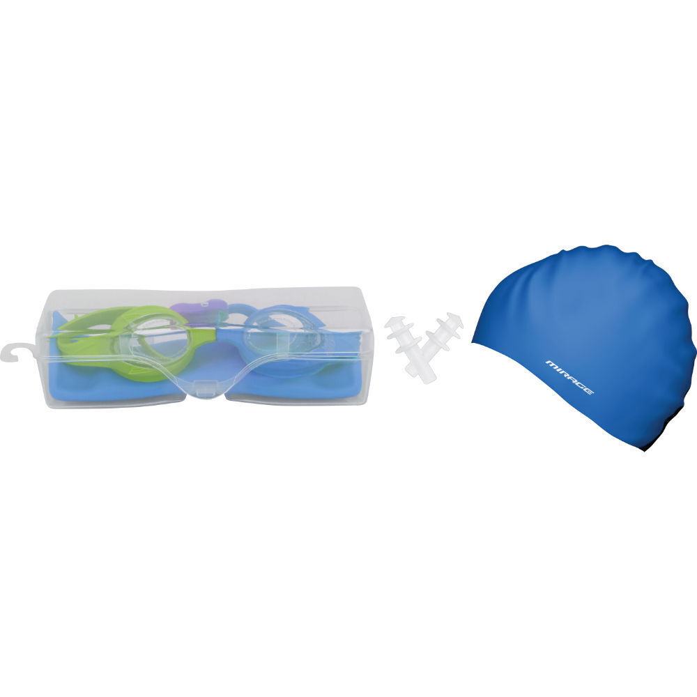 2PK Mirage Kids Goggles/Swim Cap/Ear Plugs Swimming Pack Green/Blue