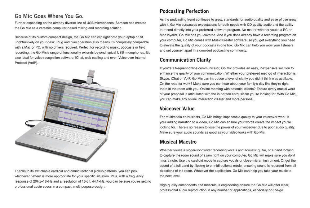 Samson Go Mic Usb Professional Hi Quality Microphone For Computer Pc/Mac Record