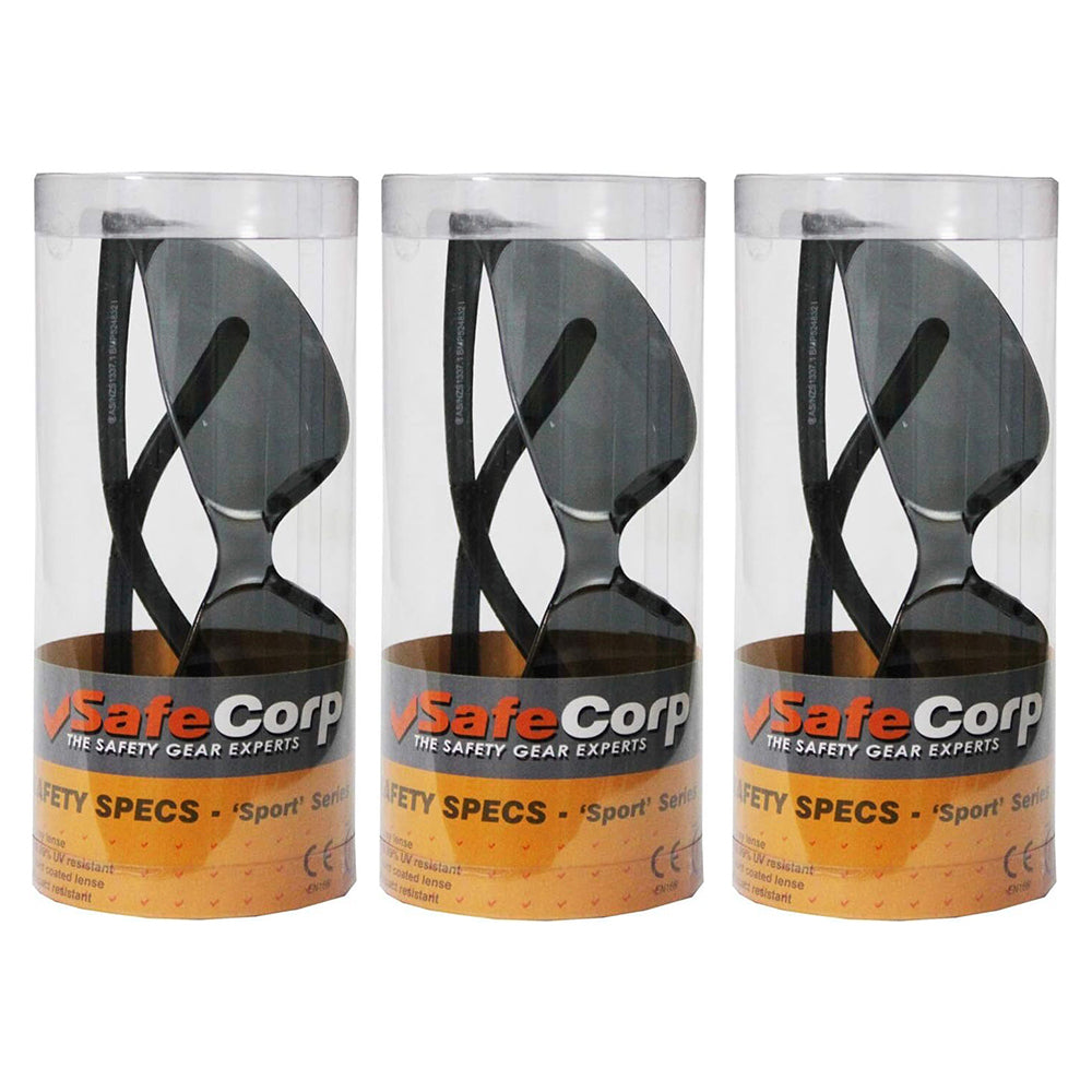 3PK Safecorp PPE Safety PPE Safety Specs/Glasses/Glasses 'Sports' Series Grey