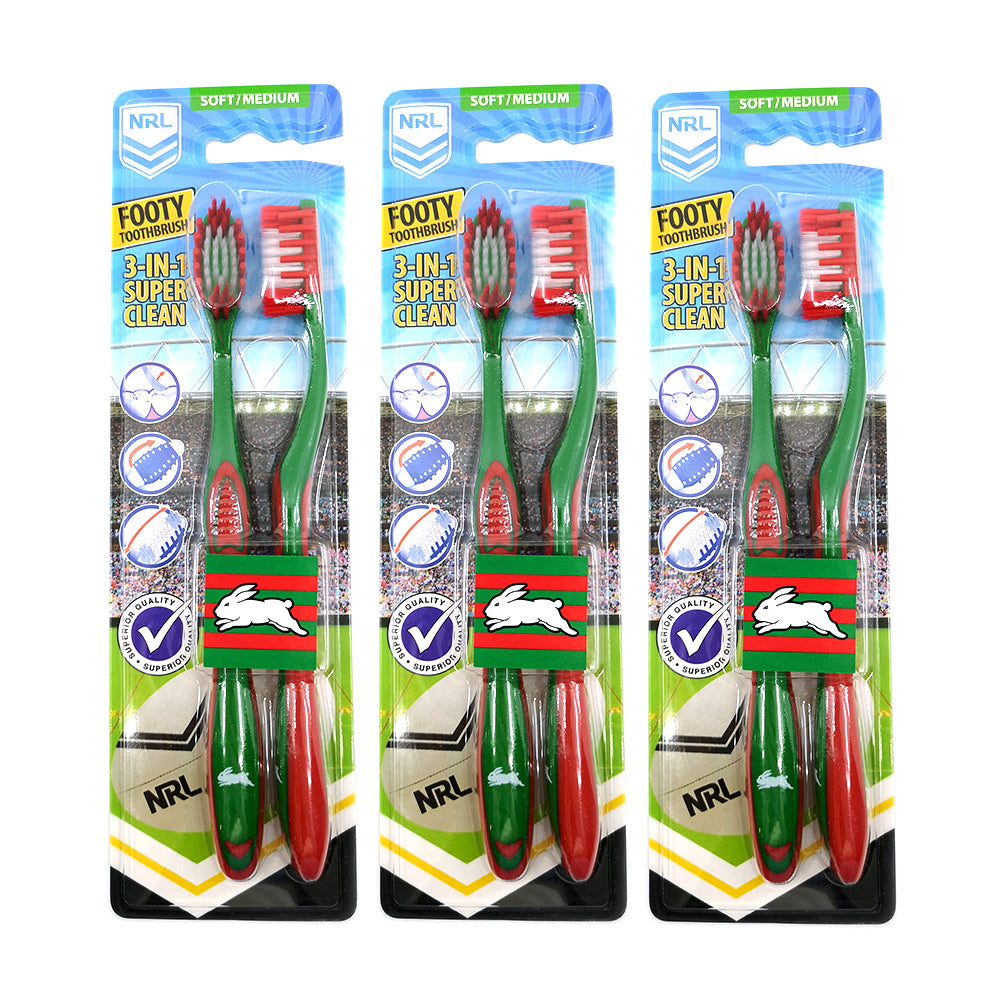 3x 2pc NRL South Sydney Rabbitohs Soft/Medium Toothbrush Kids/Adults 6y+