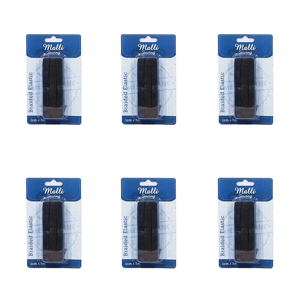 6PK Malli Braided Flat Elastic Band Tape 1cm x 5m - Assorted