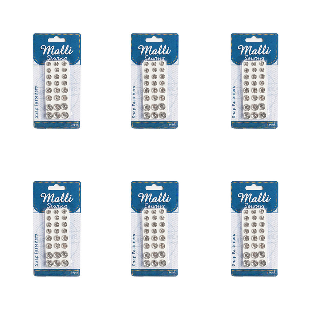 6x 24pc Malli Sewing Metal Snap Fasteners Assorted Sizes - Silver