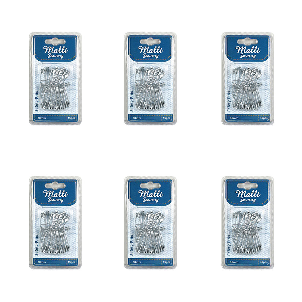 6x 45pc Malli Sewing Assorted Metal Safety Pins 38mm - Silver