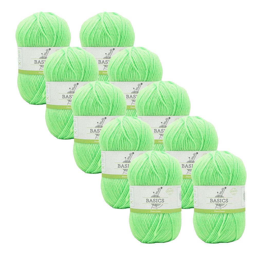 10x Malli Blend Basic 100g Acrylic/Poly Yarn Knitting Craft Flouro Green