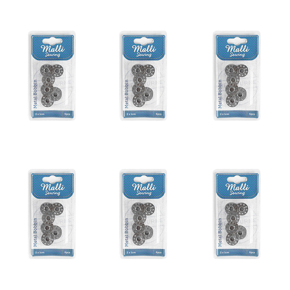 6x 6pc Malli Sewing Metal Compact Sewing Bobbins 2cm - Grey