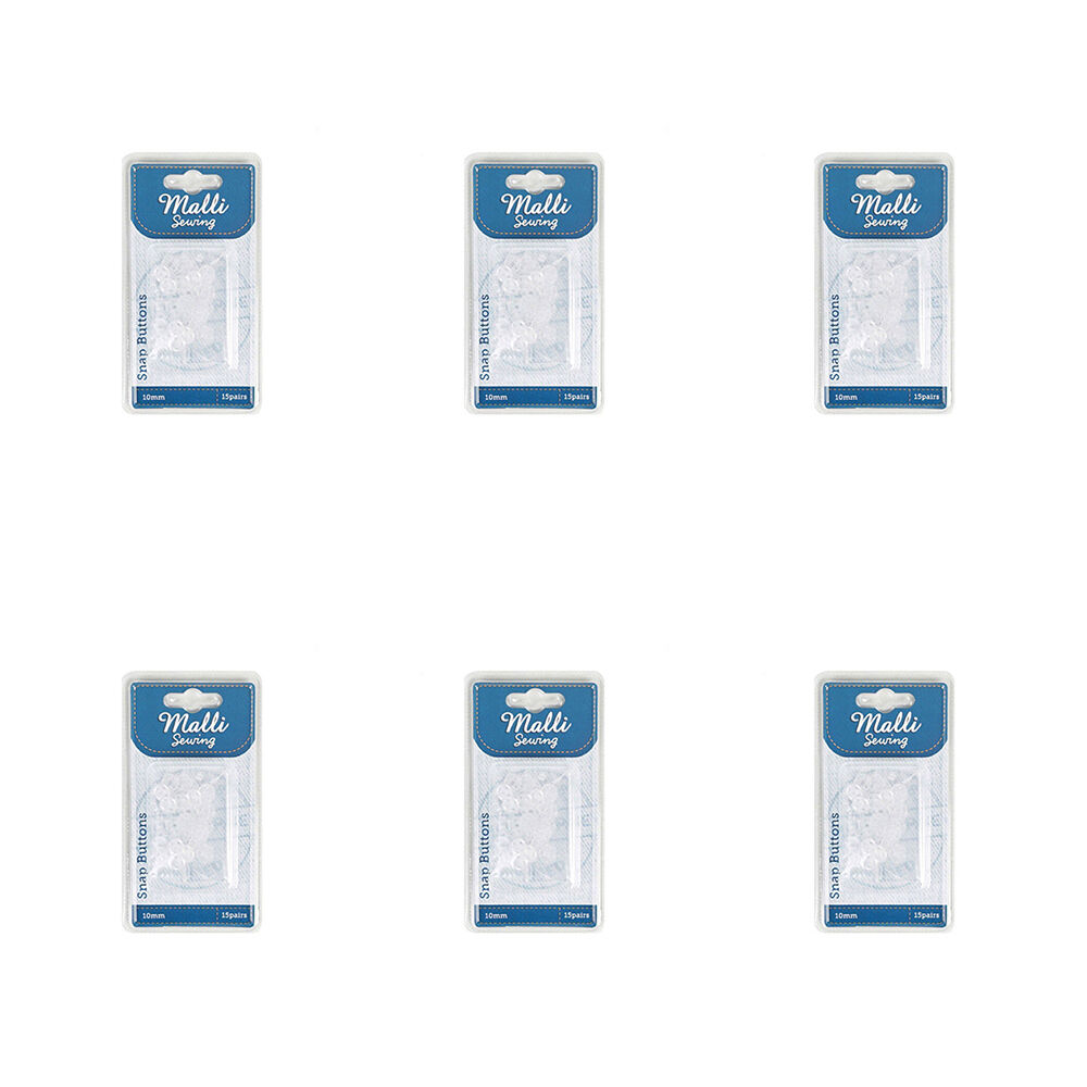 6PK Malli Sewing 15-Pairs Plastic Snap Buttons 10mm White - Assorted