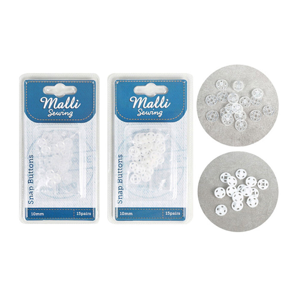 6PK Malli Sewing 15-Pairs Plastic Snap Buttons 10mm White - Assorted