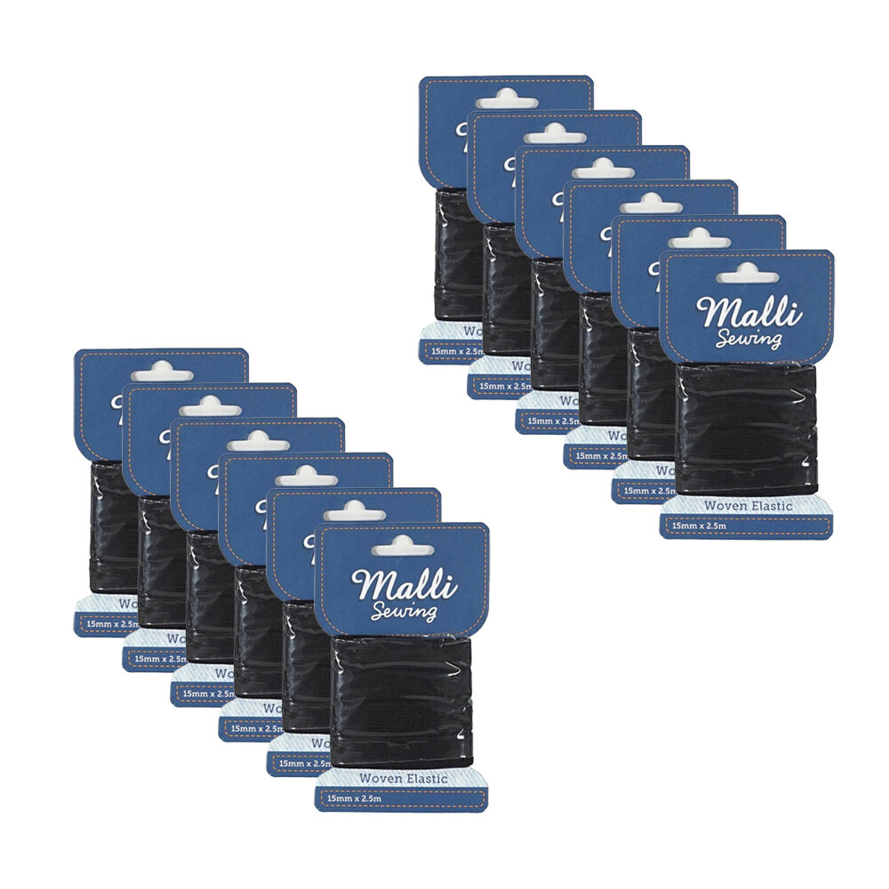 12PK Malli Sewing Soft Elastic Band Cord 15mm x 2.5M - Assorted