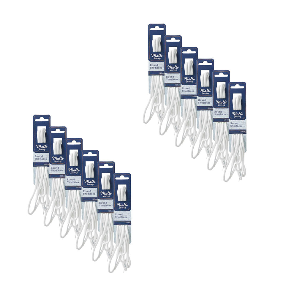 12PK Malli Sewing Round Replacement Shoelaces 120cm - White