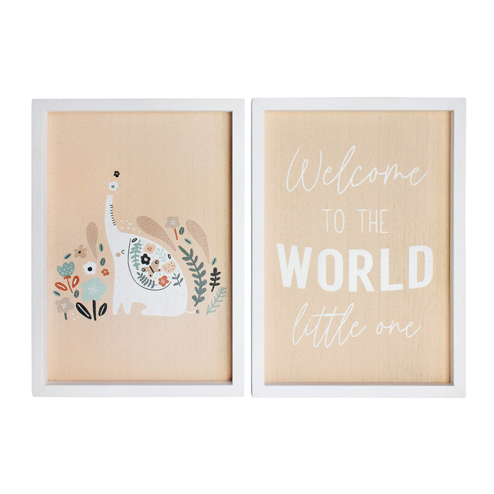2pc LVD MDF 28cm Welcome World Little One Sign Kids Bedroom Decor Set - Beige