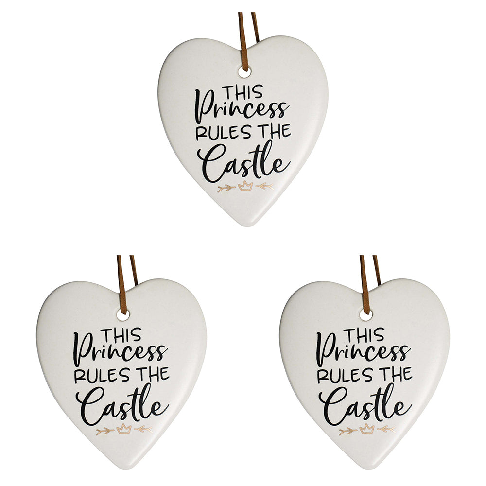 3PK LVD Ceramic Hanging 8x9cm Heart Princess Rules w/ Hanger Ornament Decor