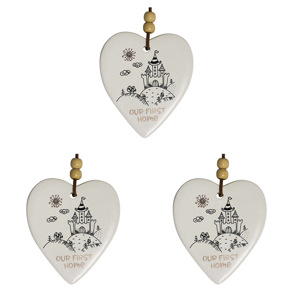 3PK LVD Ceramic Hanging 8x9cm Heart First Home w/ Hanger Ornament Decor