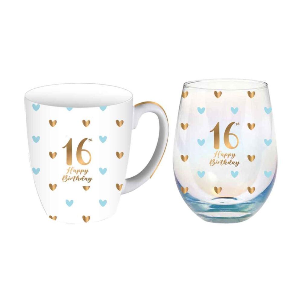 2x 2pc LMD 16th Birthday Sweet Heart Mug & Stemless Wine Glass Set