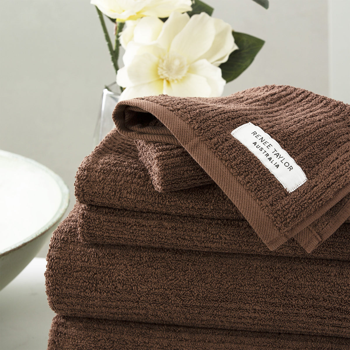 4pc Renee Taylor Cobblestone 650GSM Cotton Ribbed Towel Bath Towel Toffee