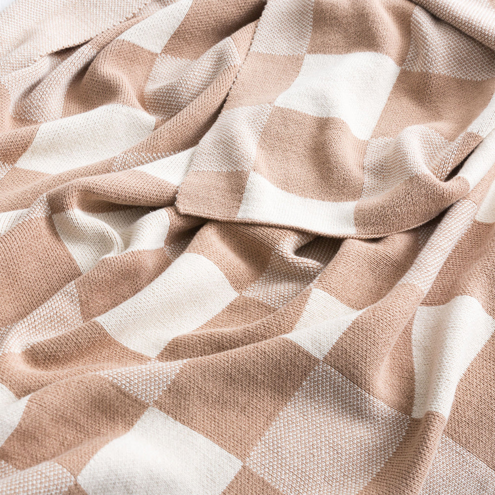 Renee Taylor Newport Checkered Cotton 130x170cm Knitted Throw - Tan