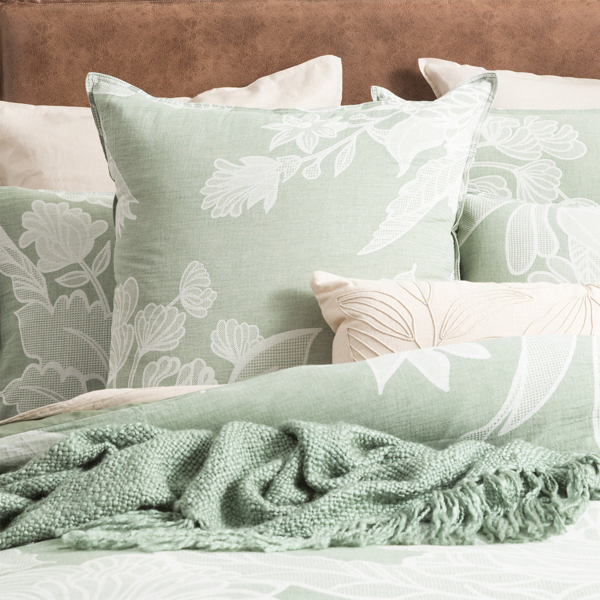 Renee Taylor Bentley Cotton Jacquard European Pillowcase 65x65cm Sage GRN
