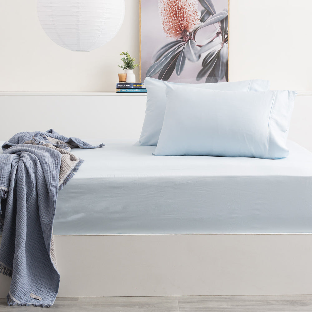 Park Avenue Double 500TC Bamboo Fitted Sheet w/ 2x Pillowcases Mid Blue