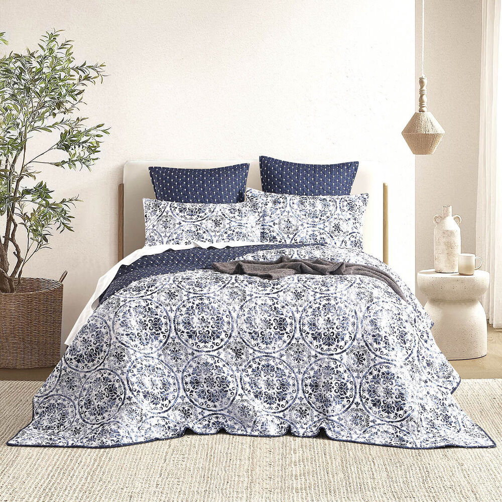 Renee Taylor Delos Quilted Reversible Coverlet Set Blue/White