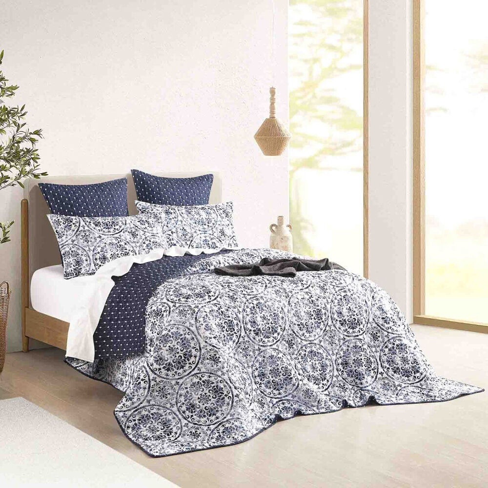 Renee Taylor Delos Quilted Reversible Coverlet Set Blue/White