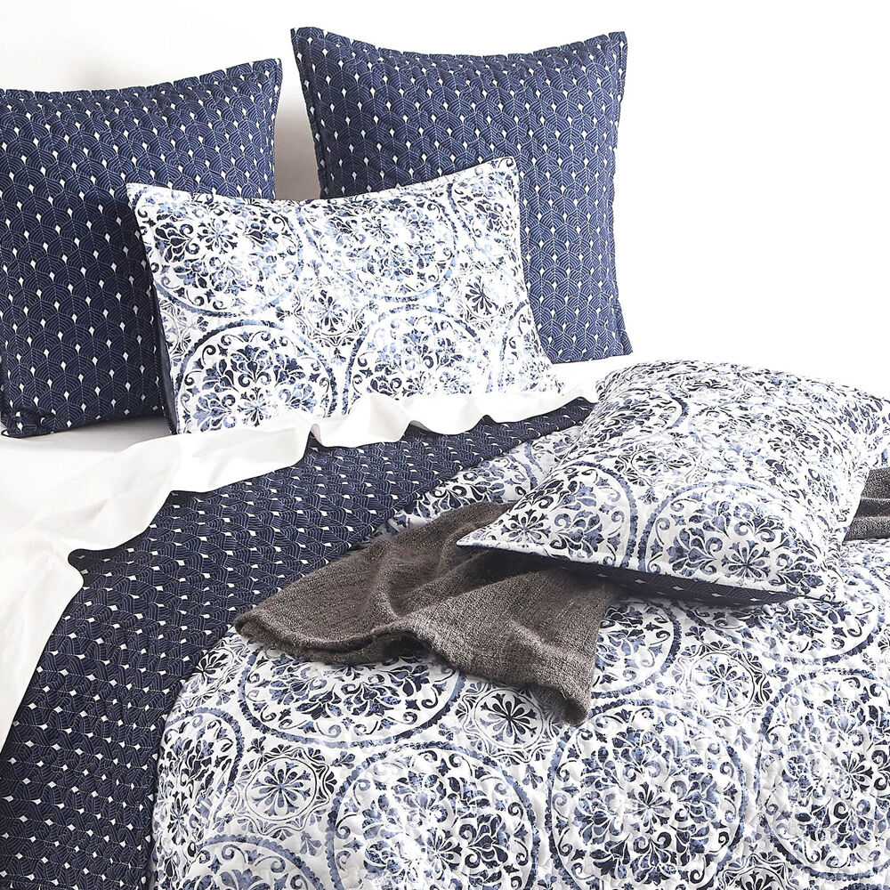 Renee Taylor Delos Quilted Reversible Coverlet Set Blue/White