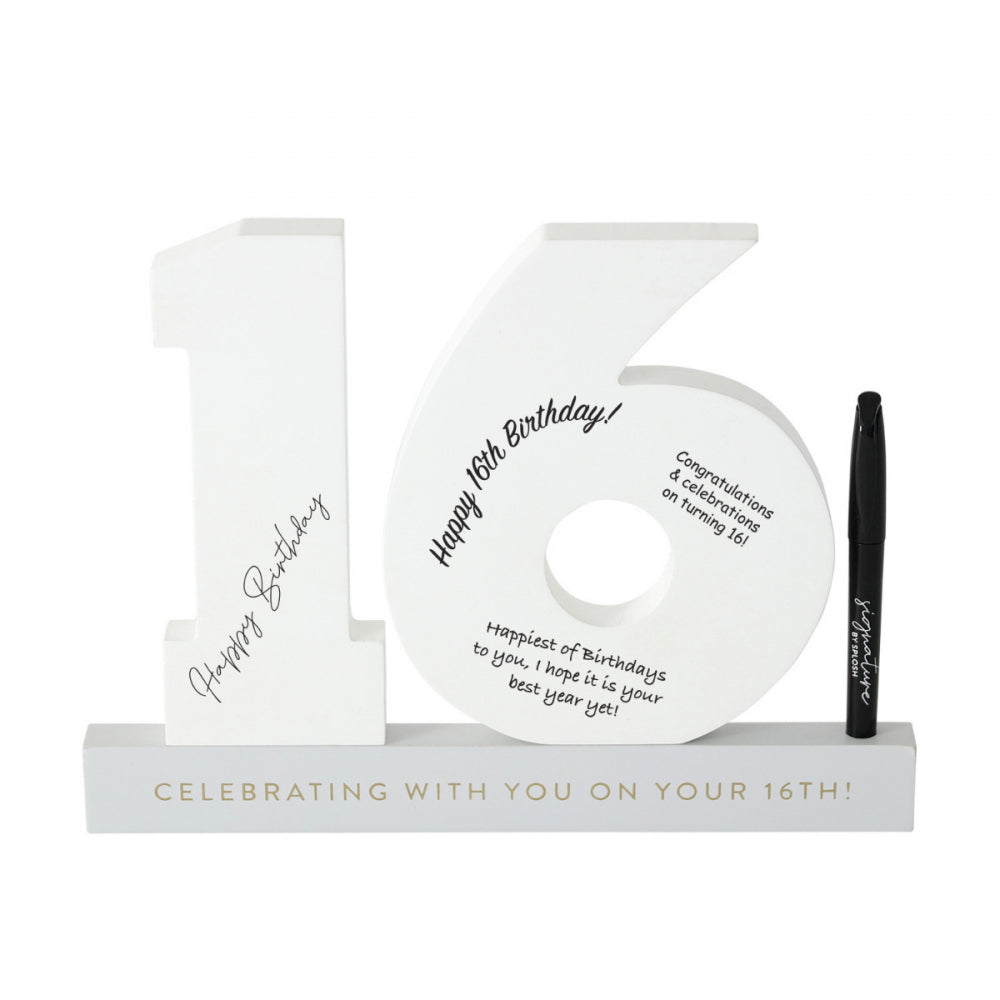 Splosh 16th Birthday Wooden Signature Number w/ Marker 29x21cm - White