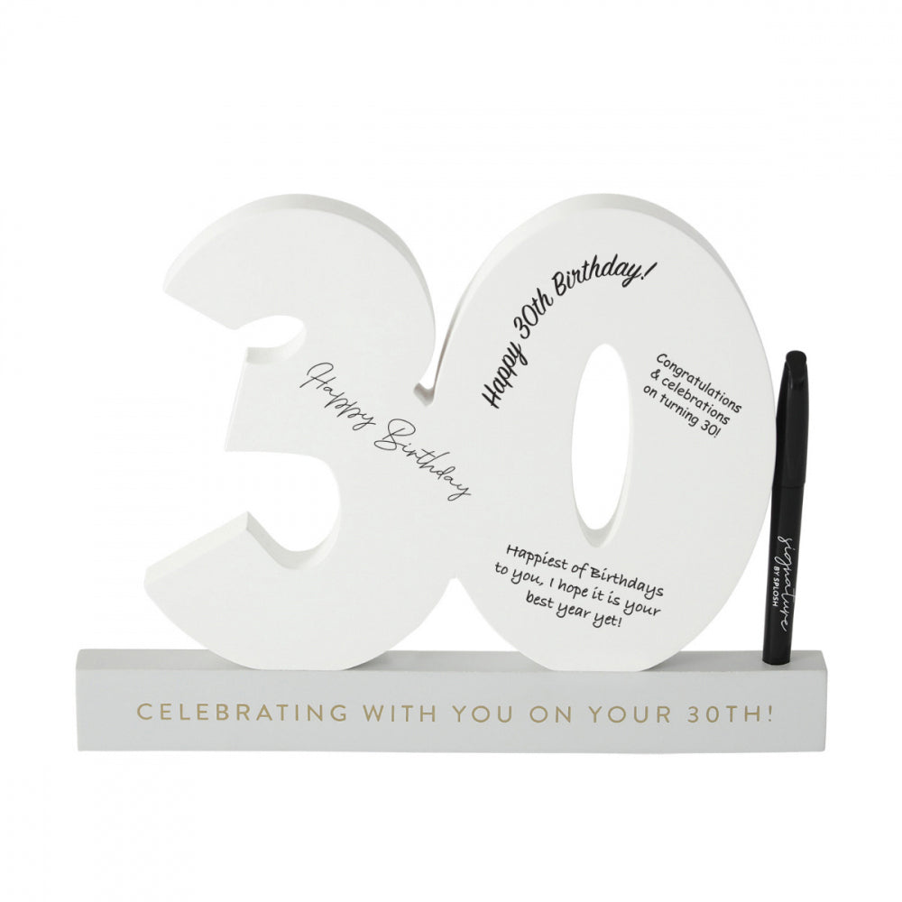 2PK Splosh 30th Birthday Wooden Signature Number w/ Marker 29x21cm - White