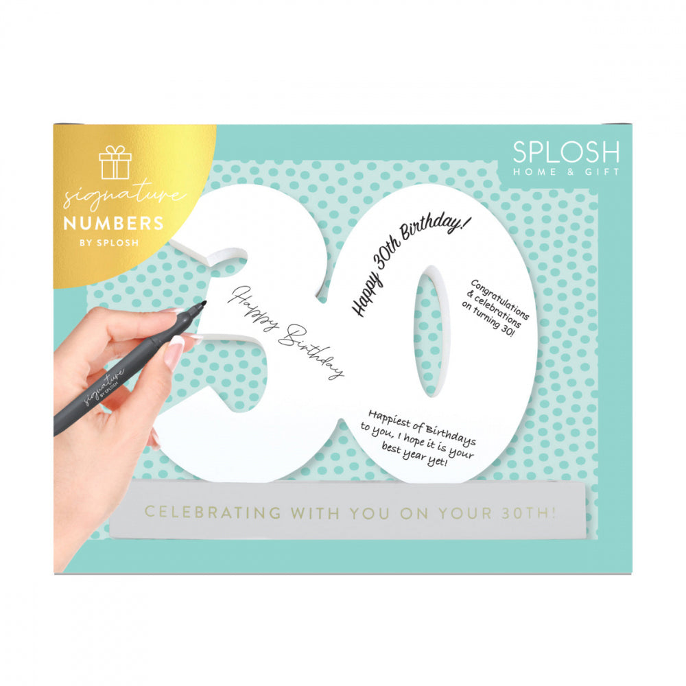 2PK Splosh 30th Birthday Wooden Signature Number w/ Marker 29x21cm - White