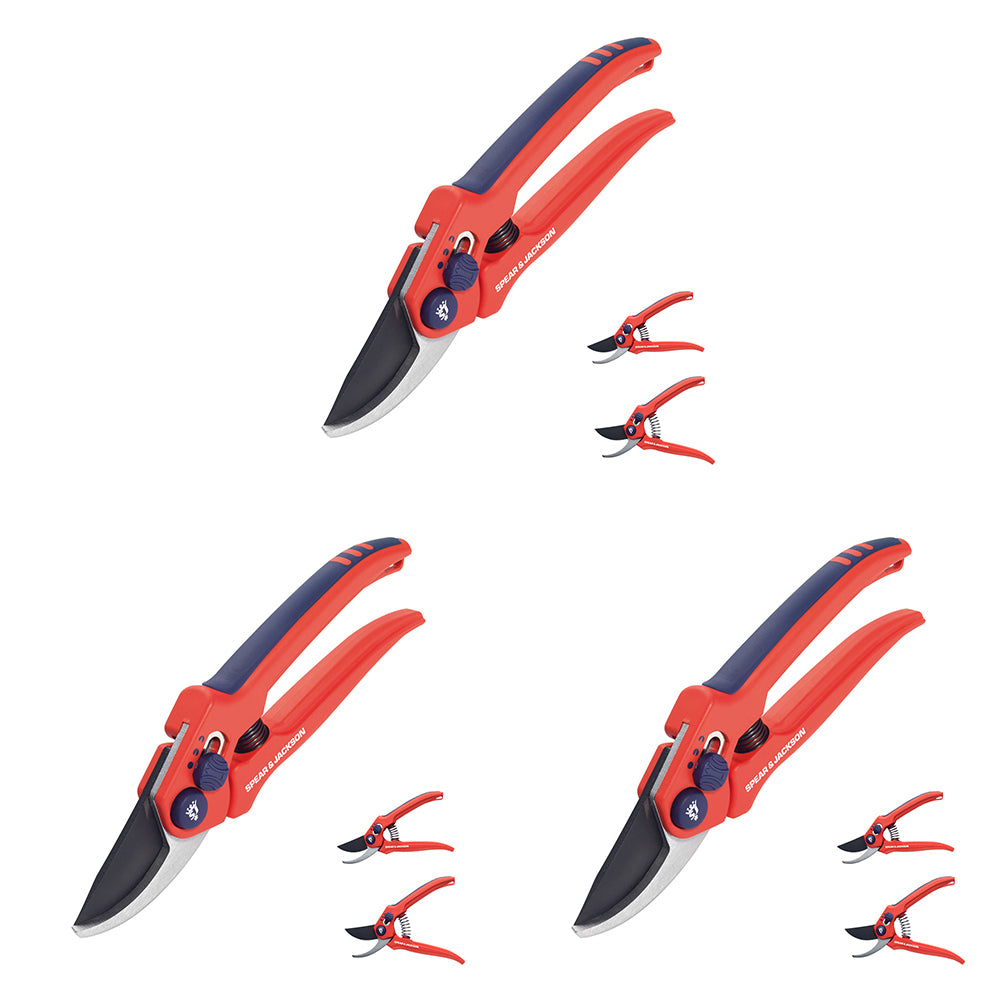 3PK Spear & Jackson Razorsharp Advantage Adjustable Bypass Secateur - Red