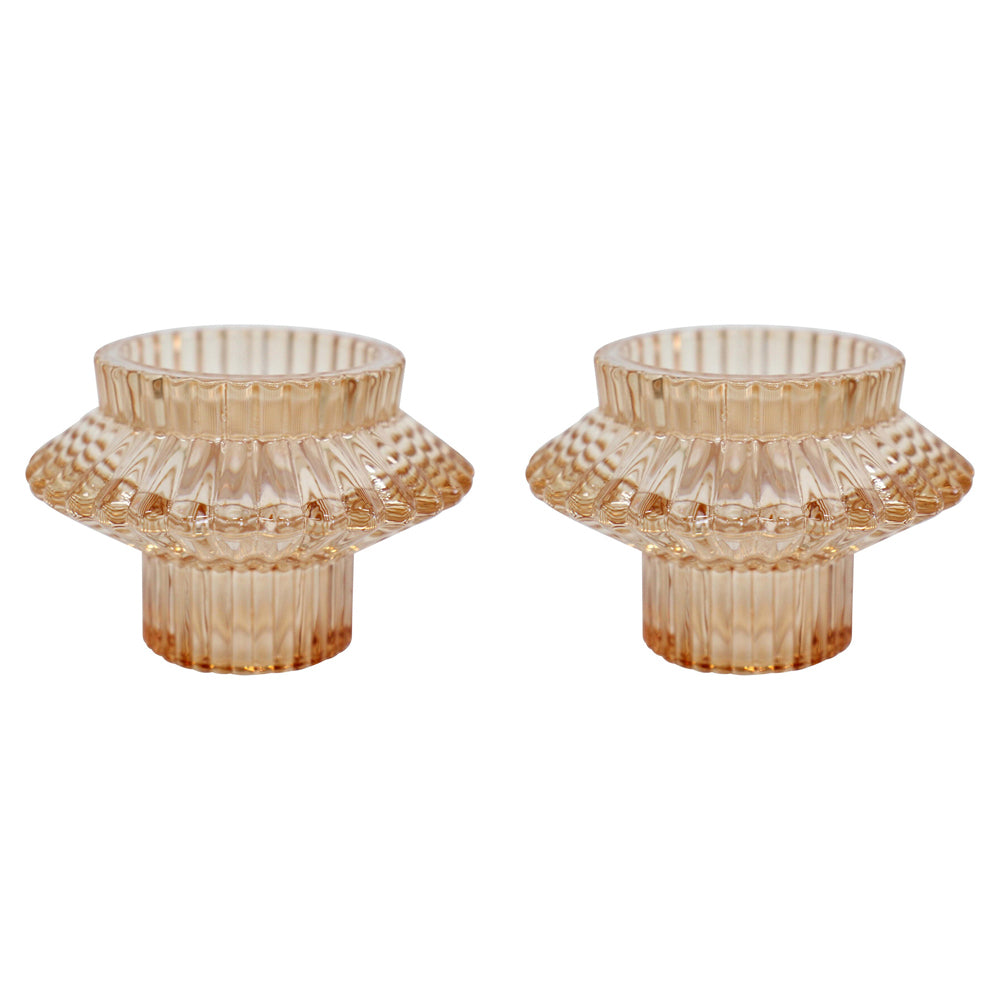 2PK LVD Glass 8cm Double Sided Pillar/Taper Candle Holder - Toffee