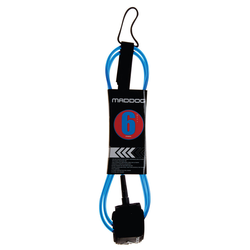 Maddog Surf Leash w/ Deluxe Padded Hi-Density Neoprene Ankle Strap 6 Foot Blue