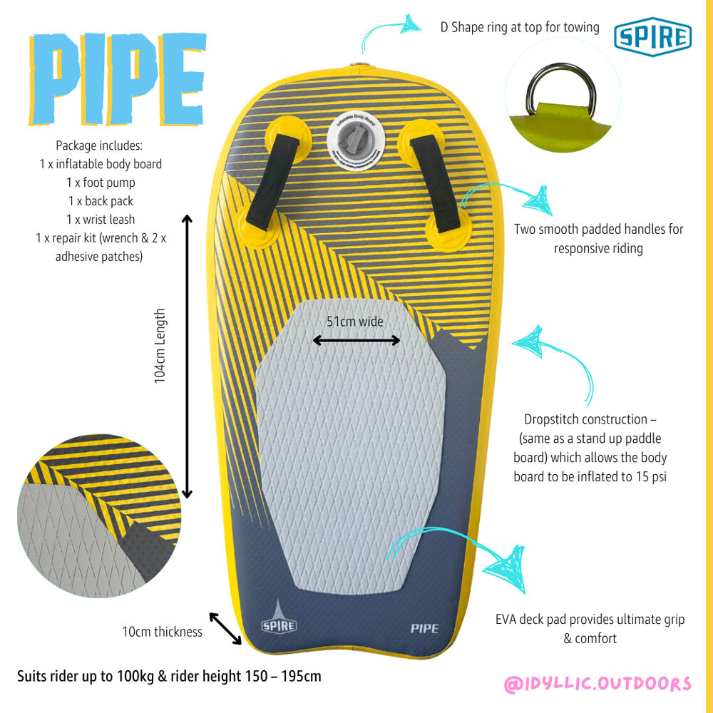 Spire Pipe Inflatable Bodyboard w/Carry Bag & Pump 104x51x10cm Yellow/Grey