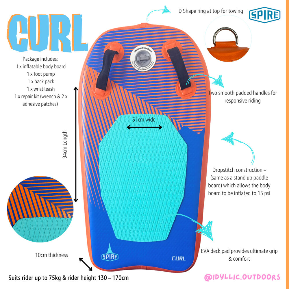 Spire Curl Inflatable Bodyboard w/Carry Bag & Pump 94x51x10cm Blue/Orange