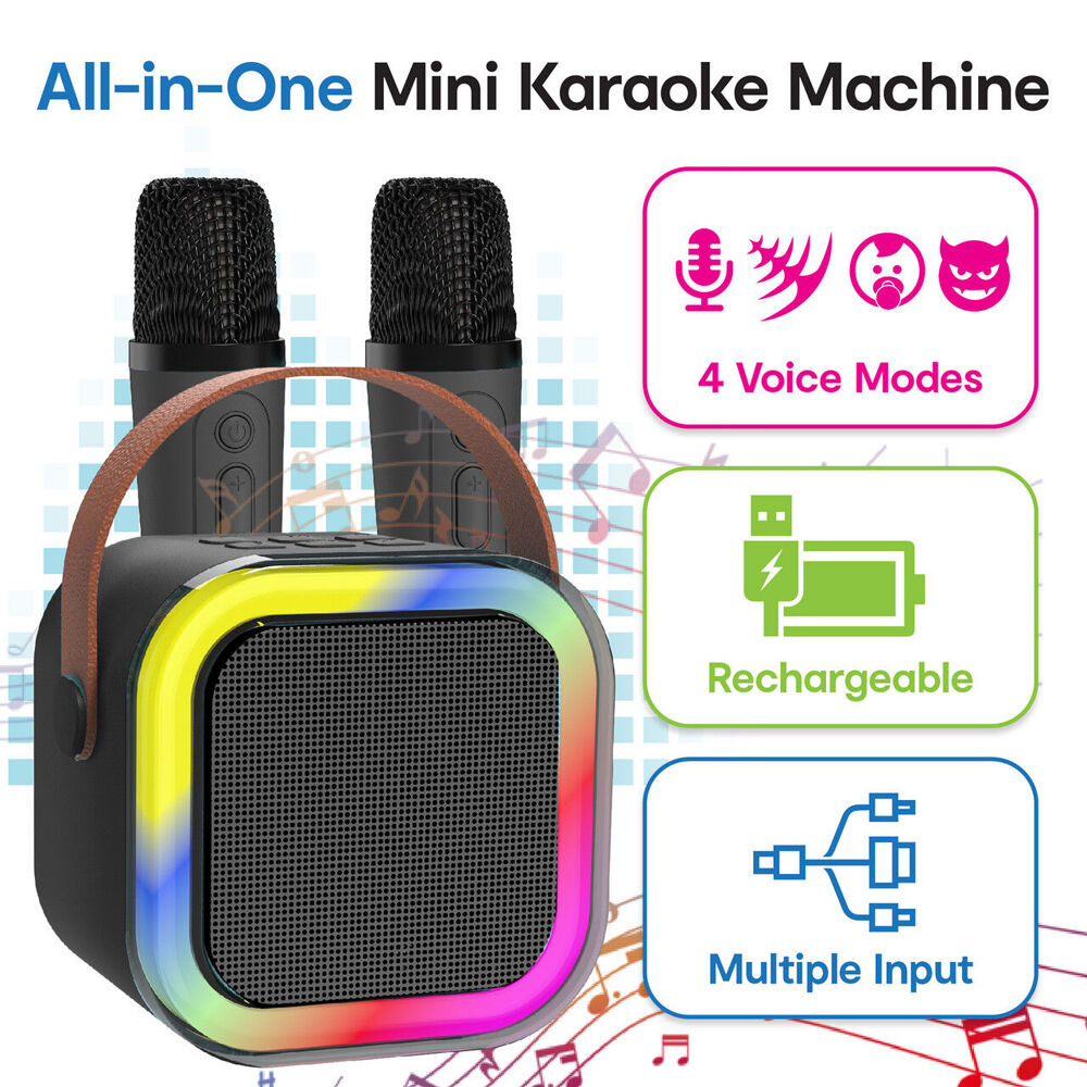 Laser Mini Karaoke Speaker with 2 Wireless Mics Remote Control Black