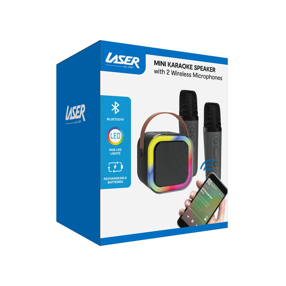 Laser Mini Karaoke Speaker with 2 Wireless Mics Remote Control Black