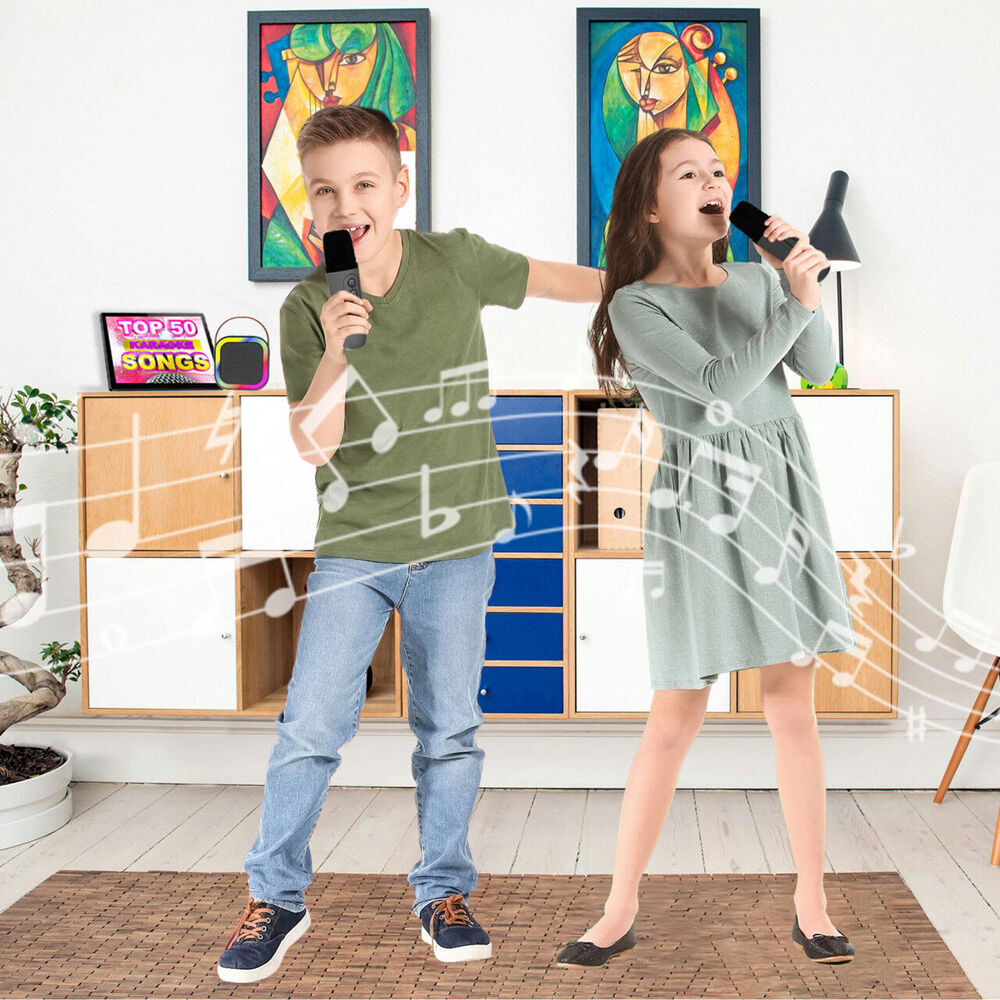 Laser Mini Karaoke Speaker with 2 Wireless Mics Remote Control Black