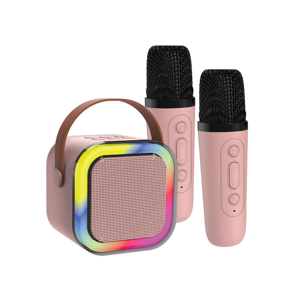 Laser Mini Karaoke Bluetooth Speaker w/ 2xWireless Microphones Pink